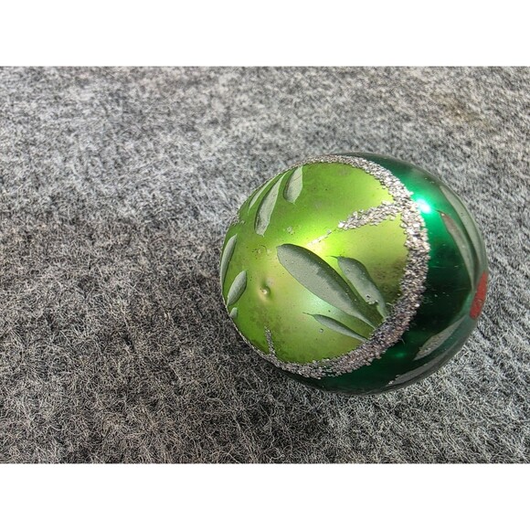 Vintage Green Glass Christmas Ball Ornament Hand Painted Floral 2 Inch - Picture 4 of 4